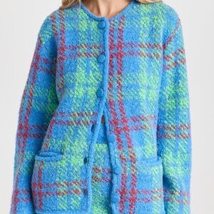 $250 Kitri Pandora Blue & Green Check Boucle Knit Cardigan Sweater Size Small